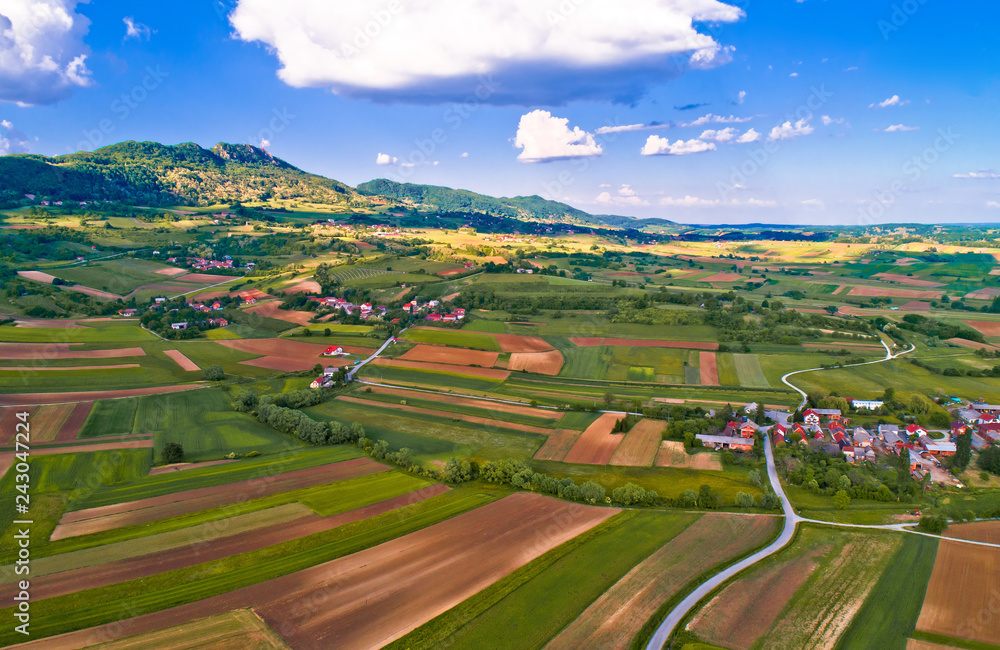 Kalnik mountain and green landscape village aerial view