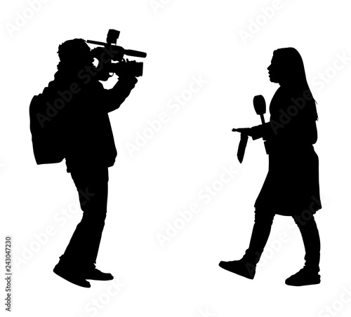 Journalist News Reporter Interview with camera crew vector silhouette illustration isolated. TV reporter interviewed people on the street. Cameraman, light, sound assistant backup to presenter lady.
