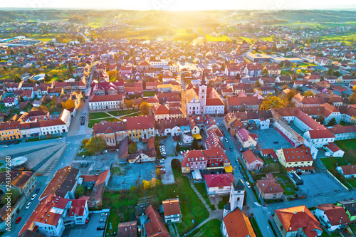 Colorful sunset above medieval town of Krizevci aerial view