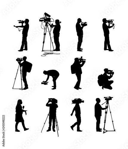 Cameraman crew follows event vector silhouette isolated on white. Concert reporter on duty. Breaking news in studio. Broadcast in live election presentation. Video technology. Camera man outdoor job