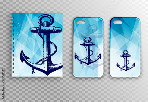 Vector Layout - Notepad, Smartphone Case and Business Card - Marine Style. Be...