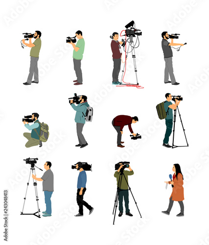 Cameraman crew follows event vector illustration isolated on white. Concert reporter on duty. Breaking news in studio. Broadcast in live election presentation. Video technology. Camera man outdoor job