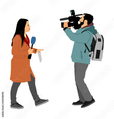 Journalist News Reporter Interview with camera crew vector illustration isolated. TV reporter interviewed people on street. Cameraman, light, sound assistant backup to presenter lady. Breaking news