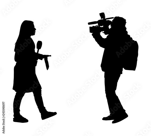 Journalist News Reporter Interview with camera crew vector silhouette isolated. TV reporter interviewed people on street. Cameraman, light, sound assistant backup to presenter lady. Breaking news