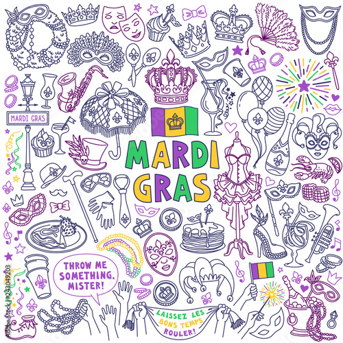 Mardi Gras carnival doodles set. Traditional holiday symbols, masks, party decorations. Freehand vector drawing isolated on background. "Laissez Les Bons Temps Rouler" means "Let the good times roll"