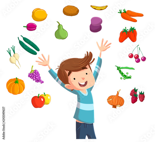 niño rodeado de fruta y verdura