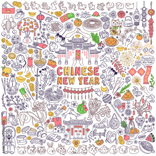 Chinese New Year doodles set. Traditional food and symbols. Hand drawn vector illustration isolated on white background. Chinese characters: "Good Luck", "May you have a prosperous New Year"