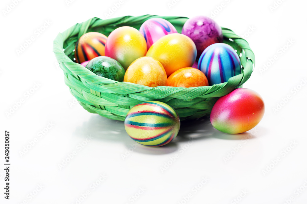 Basket of Easter eggs on table. easter decoration Basket of Easter eggs on table. easter decoration