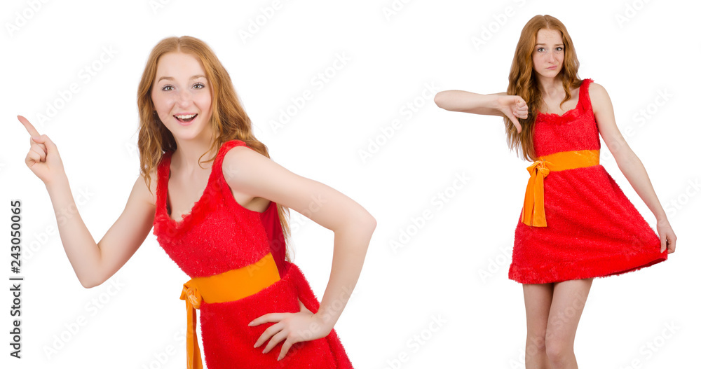 Young beautiful girl in red dress pointing isolated on white Young beautiful girl in red dress pointing isolated on white