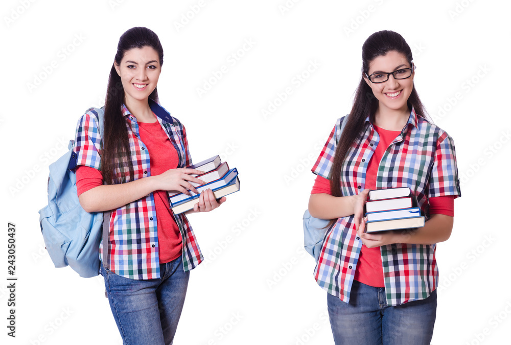 Young student with books on white Young student with books on white