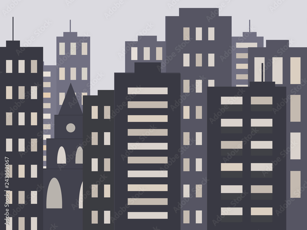 Cute urban cityscape in the evening or at night: modern houses, buildings and Church or Cathedral. Vector illustration