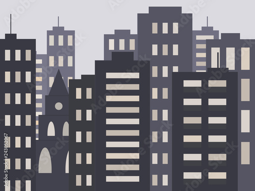 Cute urban cityscape in the evening or at night  modern houses  buildings and Church or Cathedral. Vector illustration