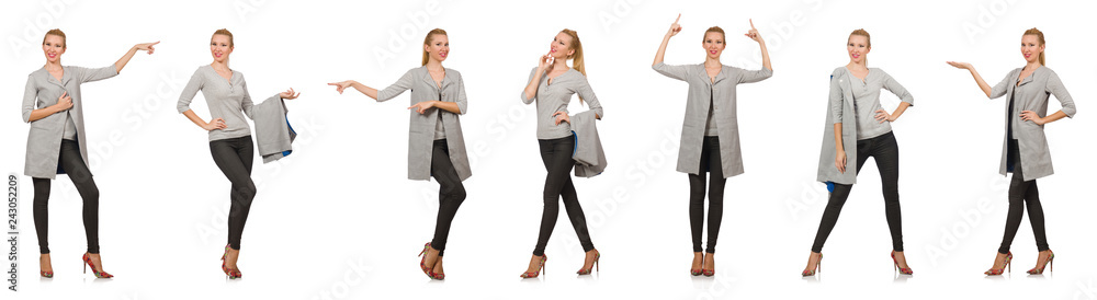 Pretty woman in gray blouse isolated on white Pretty woman in gray blouse isolated on white