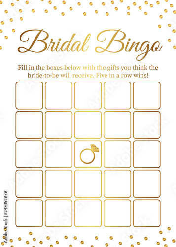 Bridal Bingo card template. Bridal Shower Bingo games. Funny activity for guests. Bachelorette Party activities.  Wedding stationery. Gold polka dots.