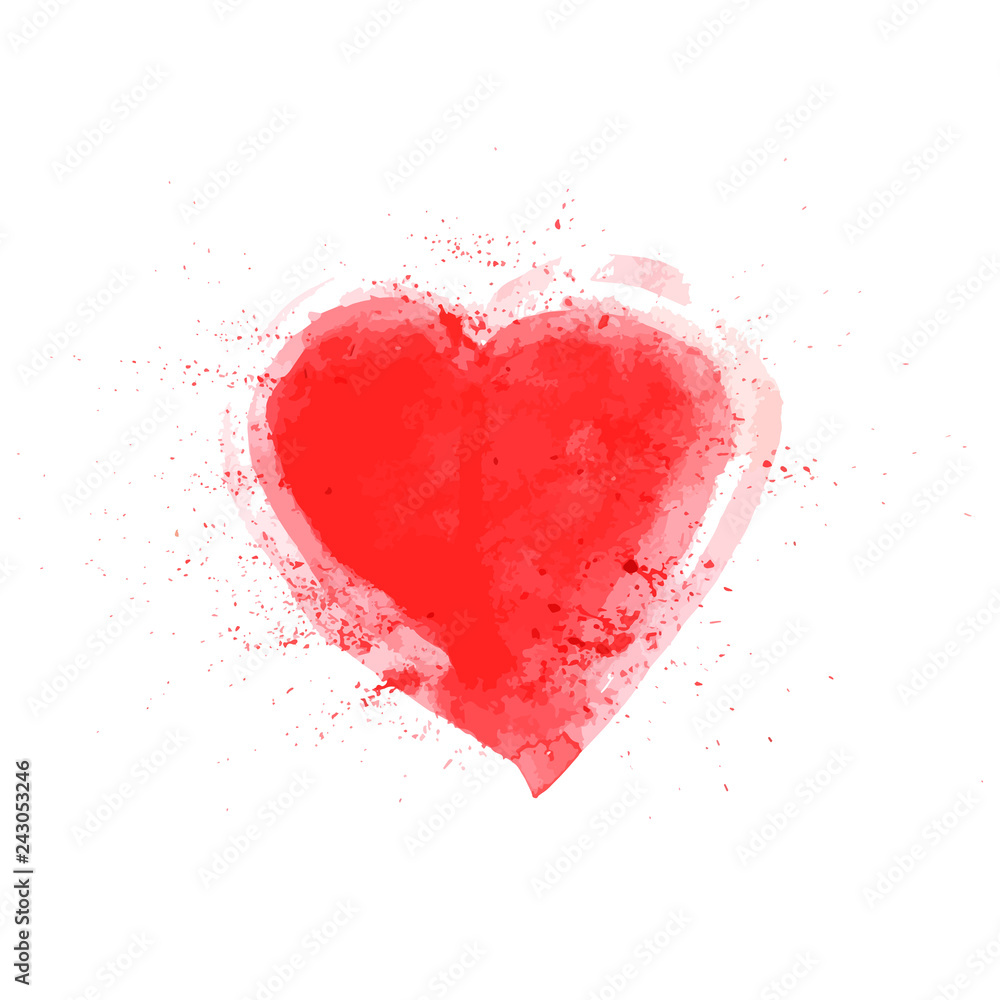 Red heart hand painted with brush. Watercolor painting effect. Grunge heart vector illustration. Valentine’s day theme vector illustration.