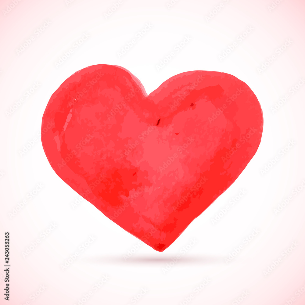 Hand drawn red heart. Grunge heart painted with brush. Watercolor or acrylic painting effect. Valentine’s day postcard. Easy to edit vector element of design