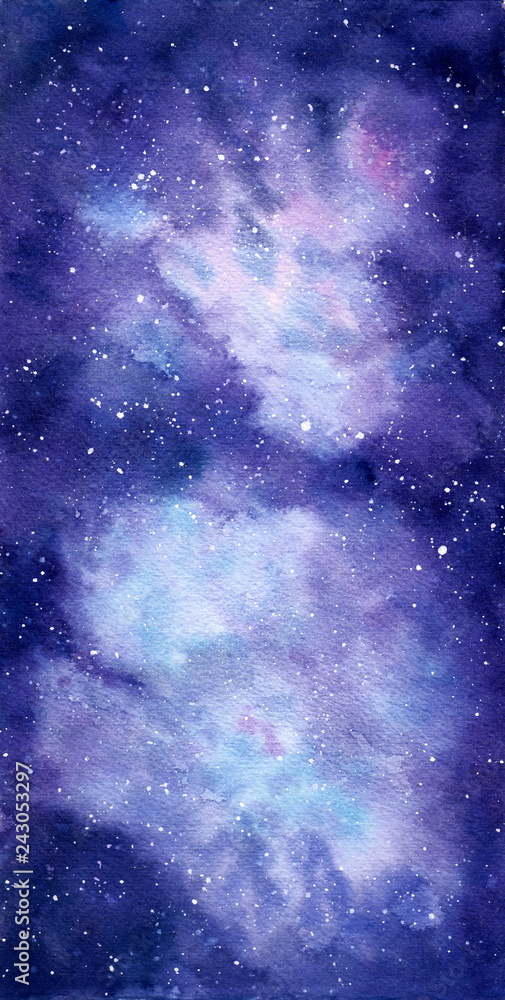Space watercolor hand painted background. Abstract galaxy painting.  - obrazy, fototapety, plakaty 