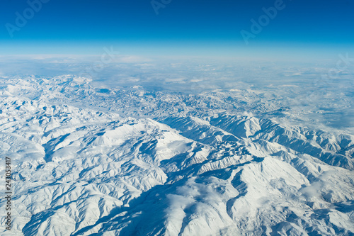 aerial view of mountains in winter
