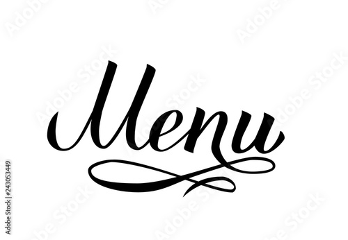 Menu hand written word isolated on white. Calligraphy lettering vector illustration. Decoration for café, bar, restaurant, etc.