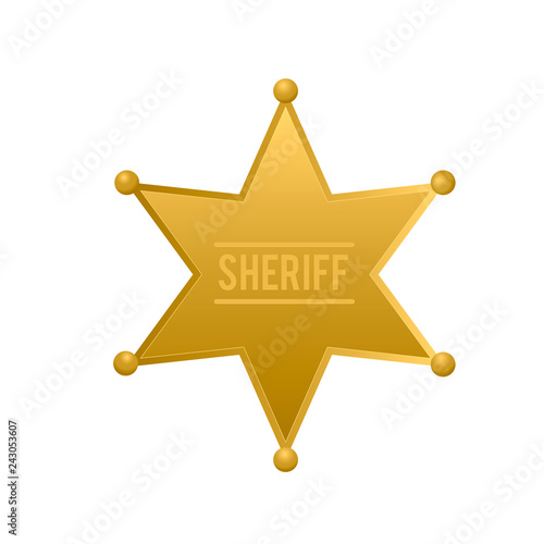 Sheriff star isolated on white background. Gold police badge vector icon. Golden hexagonal star.