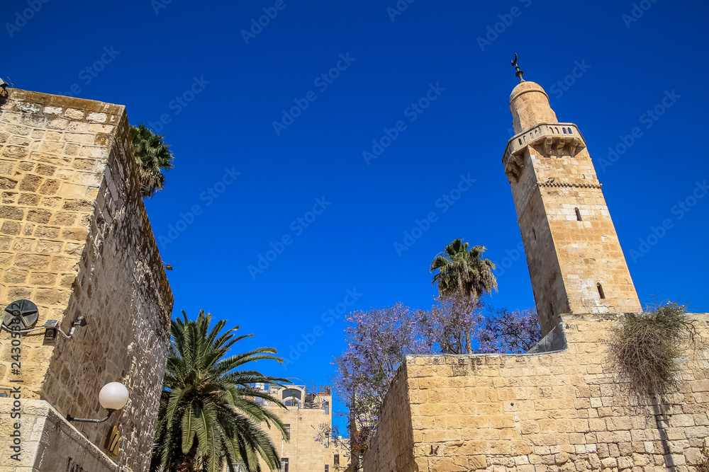 View of ancient buildings, foliage, and religious structure in Old City Jerusalem