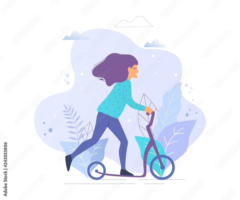 Woman riding a kick scooter in park vector illustration. Woman riding a kick scooter in park vector illustration.
