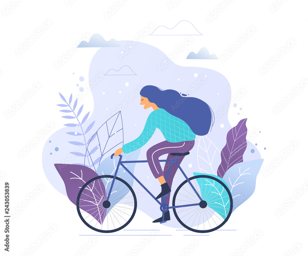 Naklejka premium Woman riding a bicycle in park trendy vector illustration.