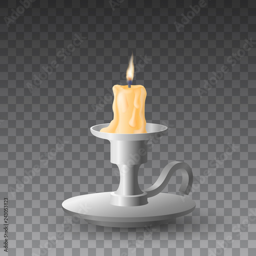 Beautiful vector of realistic yellow burning candle on metal candlestick on transparent background.