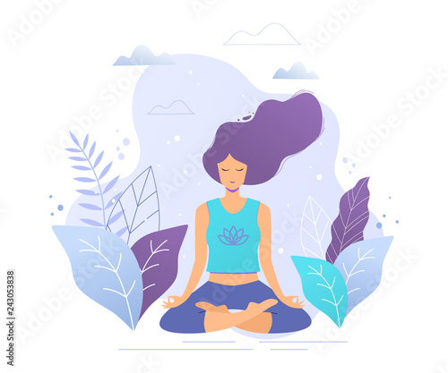 Woman sitting in lotus position practicing meditation. Yoga girl vector trendy illustration.