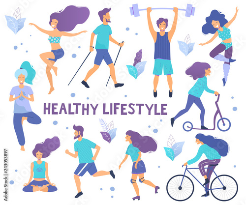 Healthy lifestyle. Different physical activities  running  roller skates  dancing  bodybuilding  yoga  fitness  scooter  nordic walking. Flat vector illustration.