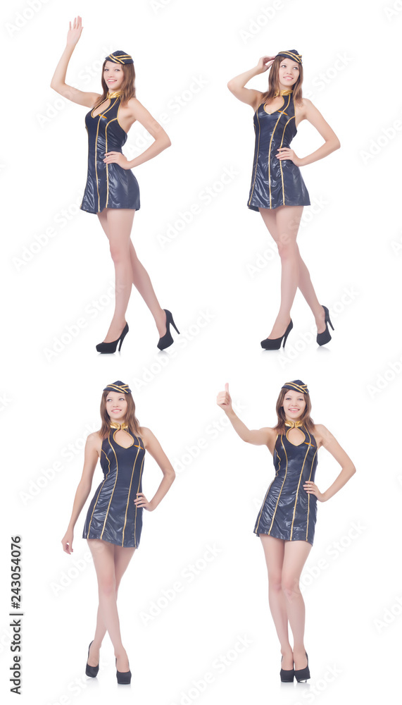 Young airhostess saluting isolated on white