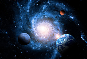 Acrylglasbilder Jugendzimmer Planeten vor Spiralgalaxie im Weltall  © Denis Rozhnovsky