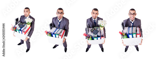 Man being fired with box of personal stuff