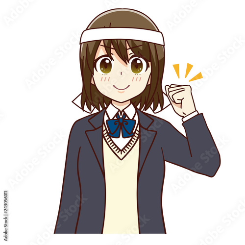 女子　学生　ハチマキ　ガッツポーズ