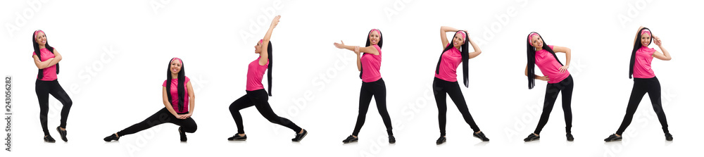 Woman doing exercises on white