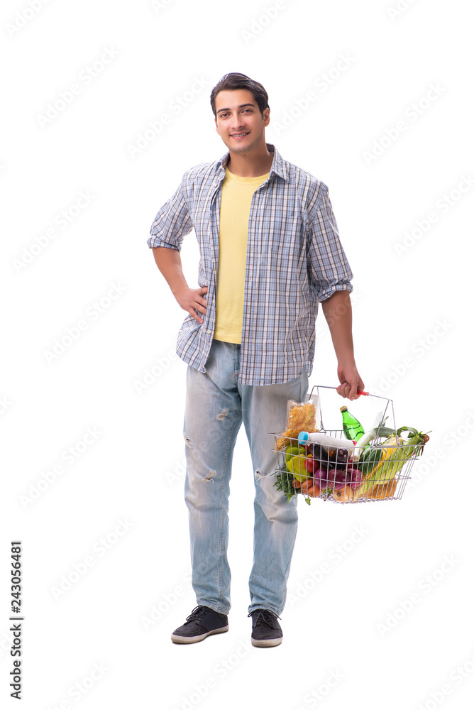 Young man with his grocery shopping on white Young man with his grocery shopping on white