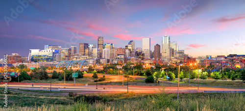 Denver skyline long exposure at twilight.