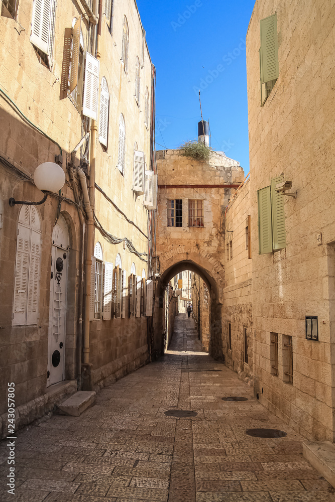 Archway in Old Jerusalem city street of Jewish Quarter