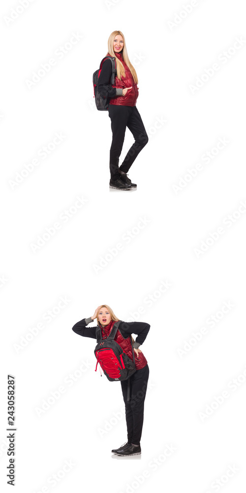 Young woman with backpack isolated on white 