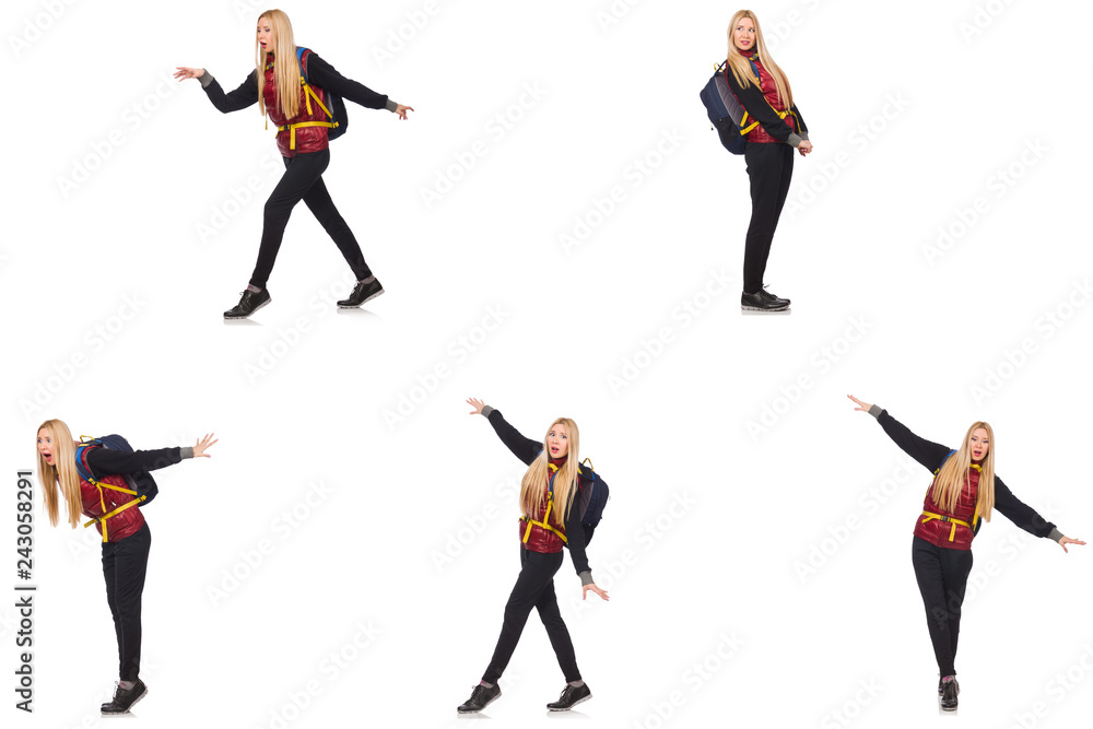 Young woman with backpack isolated on white 