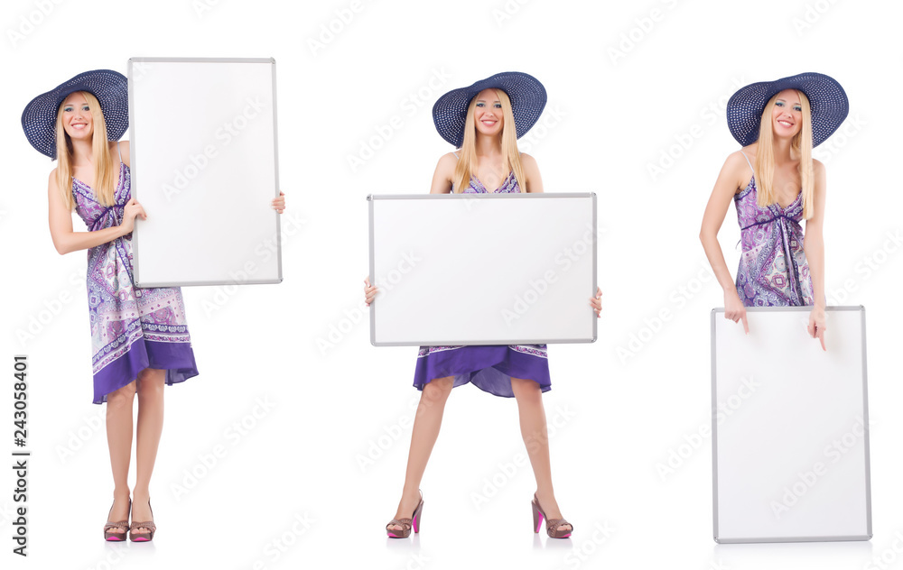 Beautiful woman in purple dress with whiteboard 