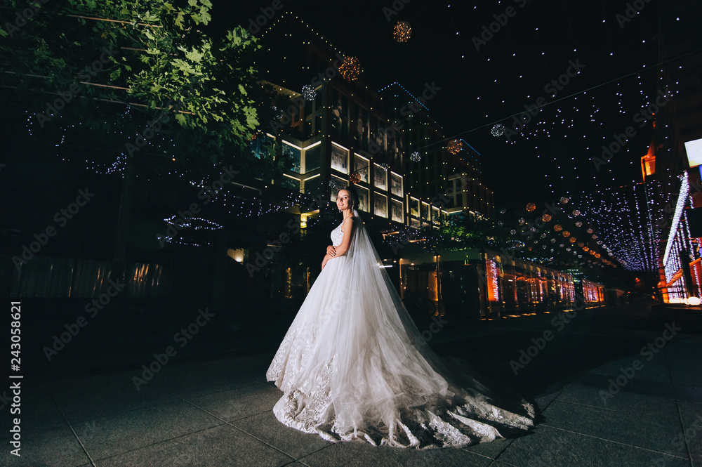Obraz premium A beautiful bride in a long dress is standing against the backdrop of a night city and a boulevard with bokeh. Wedding photography with evening light. Rich wedding.