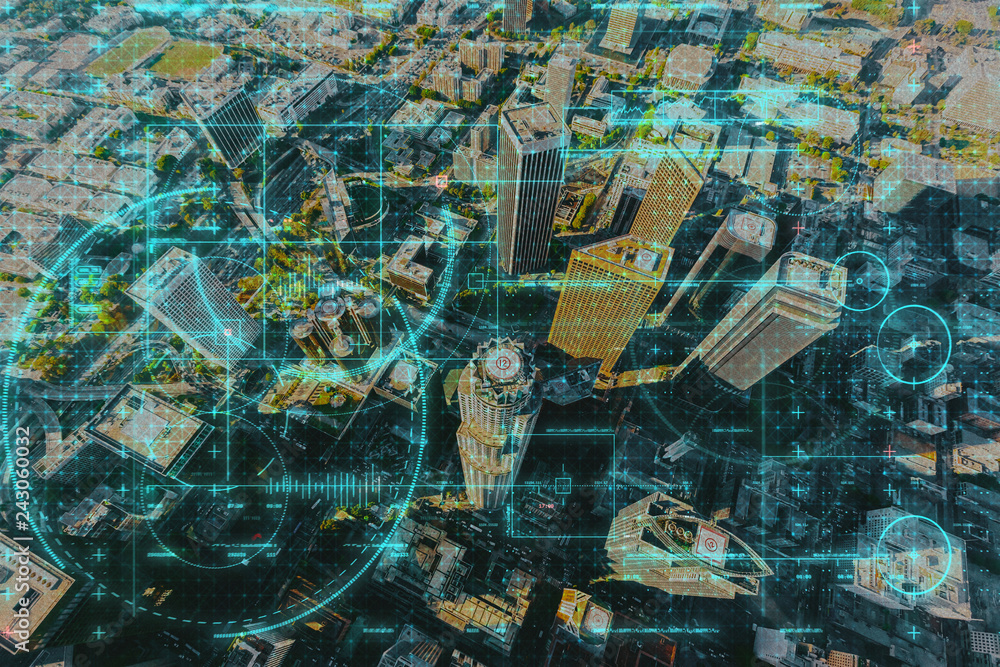 Fototapeta premium Aerial view of a Downtown Los Angeles with techology theme