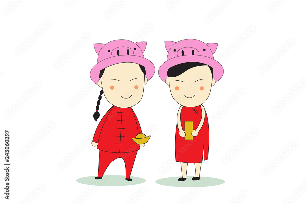 Φωτογραφία Cartoon boy and girl wearing red Chinese New Year dress