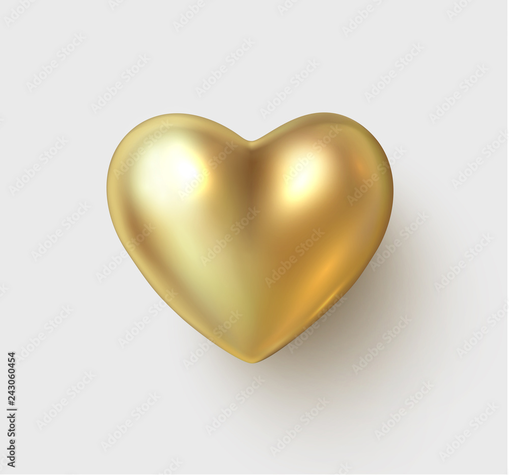 Gold 3d heart isolated on white background for St. Valentine's Day.