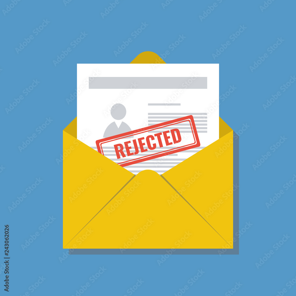 opened envelope with application form and red stamp rejected opened envelope with application form and red stamp rejected