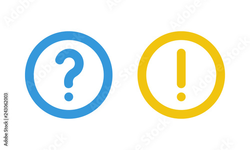 blue question mark and yellow exclamation point, round thin line vector signs