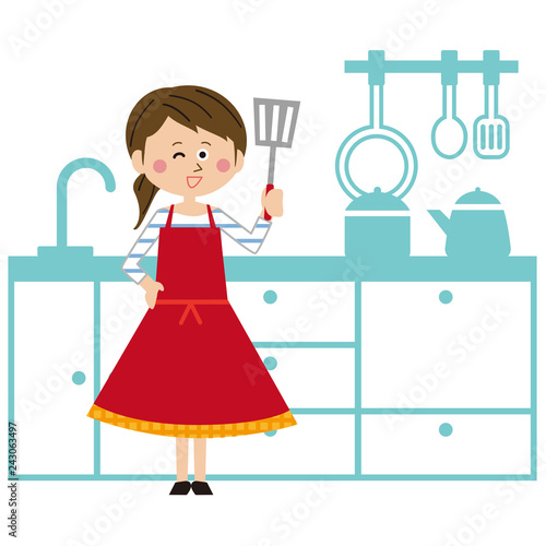 ポップな女性　キッチンで料理開始！