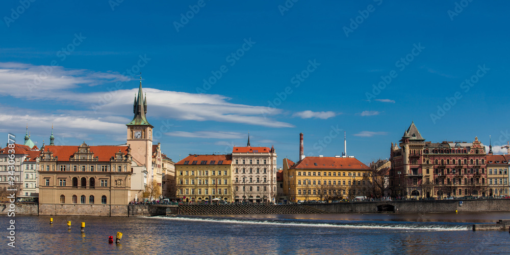 The beautiful old town of Prague city, the Vltava river seen from Kampa park