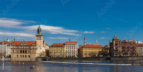 The beautiful old town of Prague city, the Vltava river seen from Kampa park